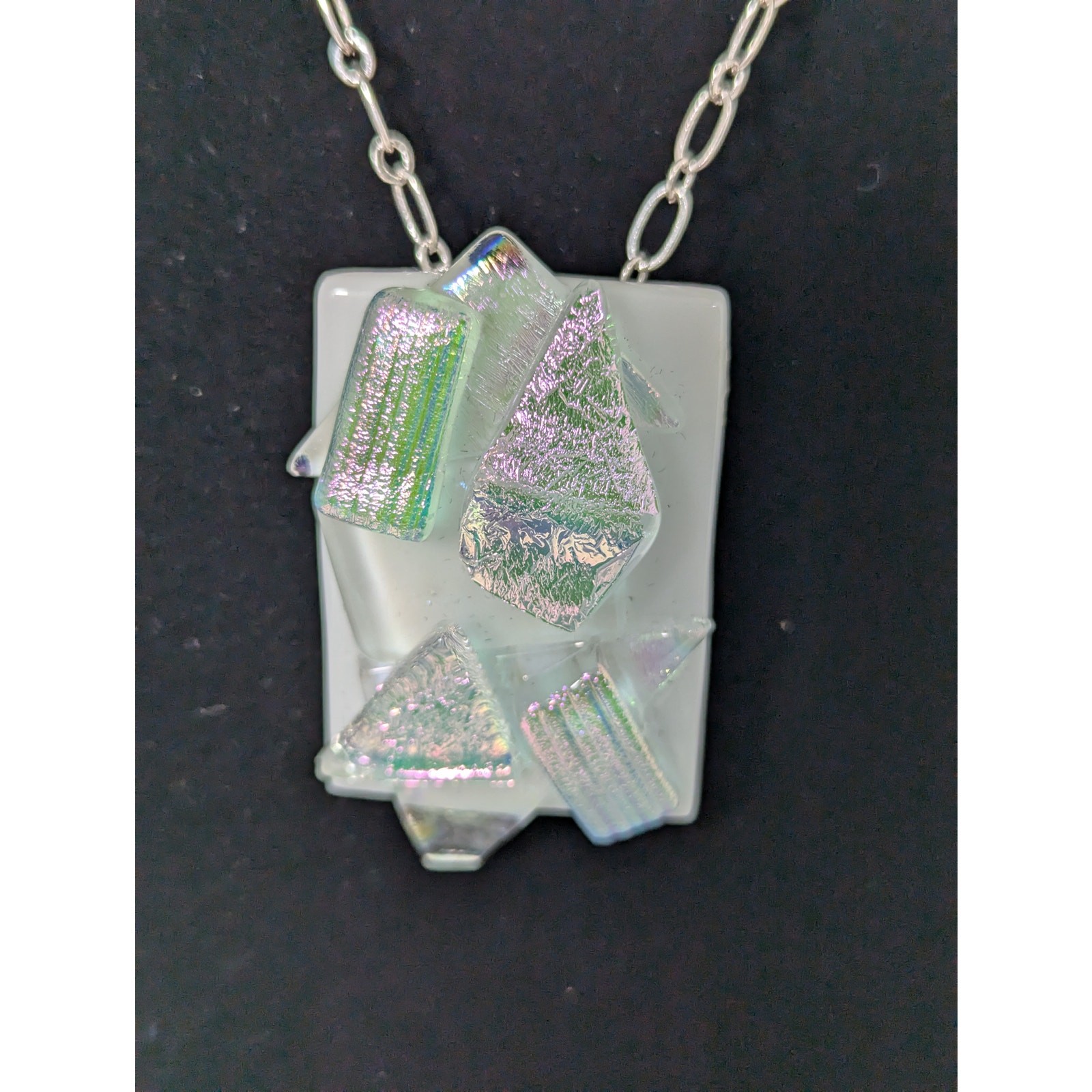 White fused + iridescent glass aurora Pin/Pendant SP 20″ chain 11/4″ x 1 3/4″