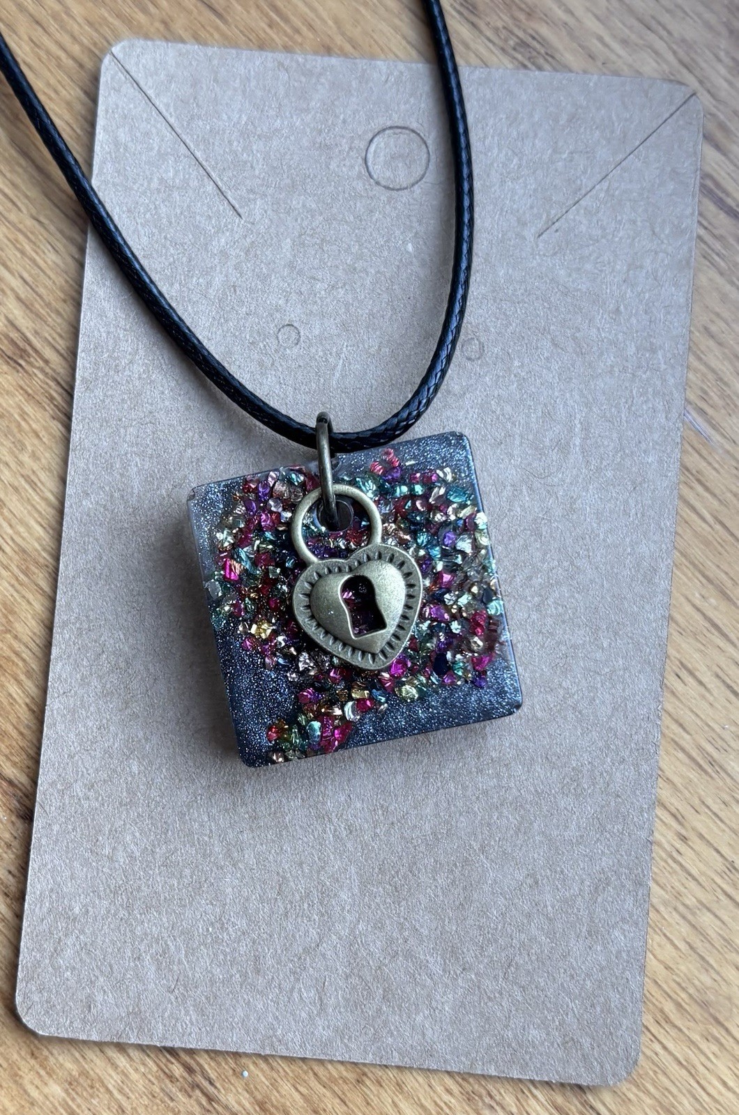 Handmade Resin Crushed Glass Necklace Bronze Heart Multicolor Sparkle Pendant