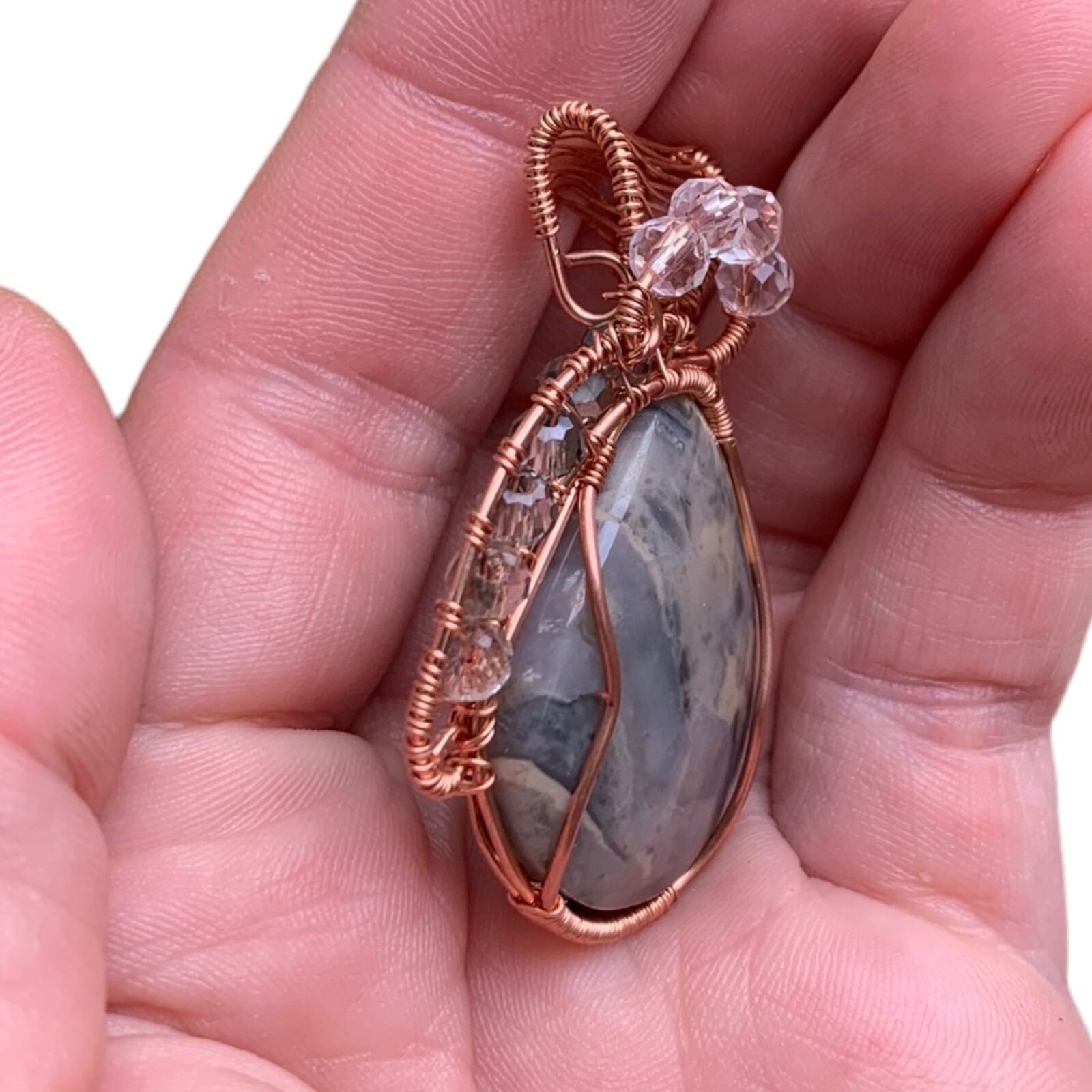 Picasso Jasper Copper Wire Wrap Pendant with Clear & Smoky Quartz Jewelry