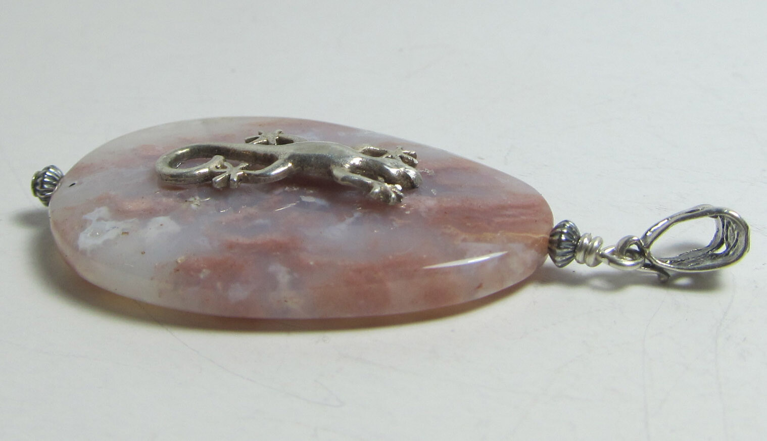 sterling silver pendant, gekko on agate stone, 2 1/2″ x 1 1/4″