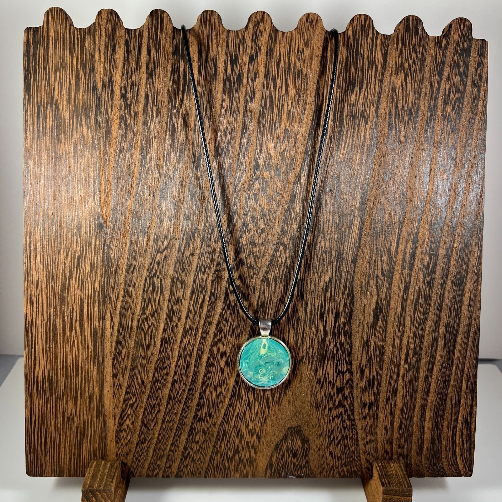 Acrylic Pour Pendant Necklace With Turquoise Swirls & Cord