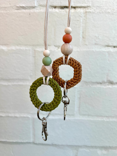 Rattan Wooden Lanyard Teacher Silicone Beaded ID Badge Holder Name Tag Gift