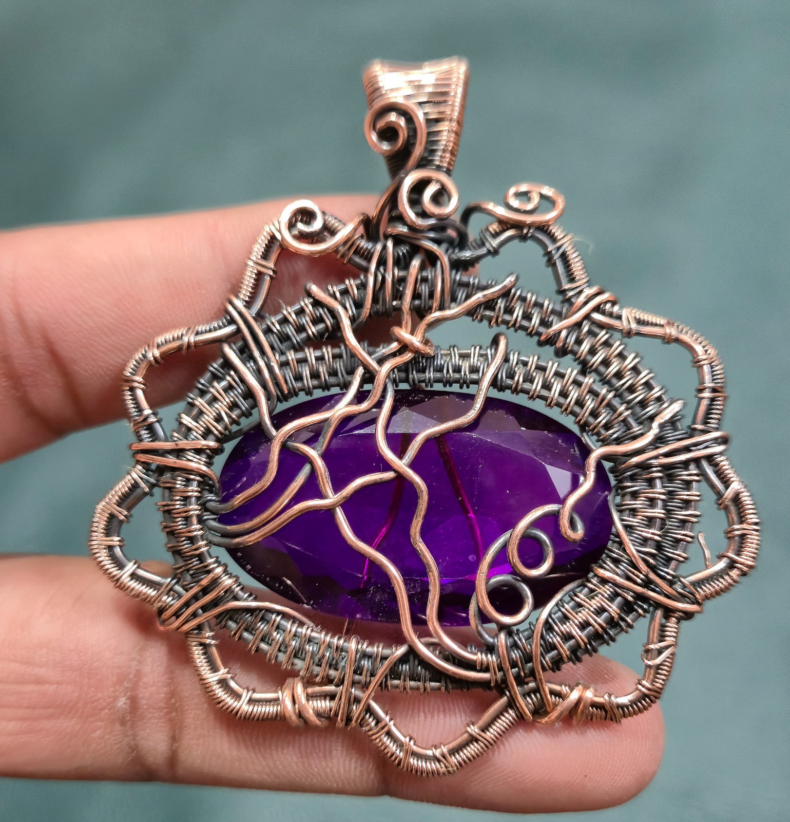 Healing Faceted Amethyst Pendant Copper Wire Wrapped Boho Pendant Gift For Wife