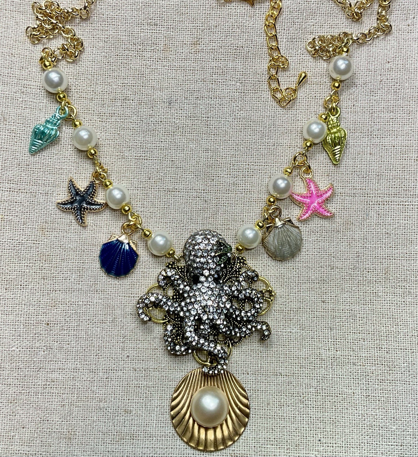 Octopus Necklace- Shell Charms, Nautical, Faux Pearls, 18-21”, Gold Tone, Ocean