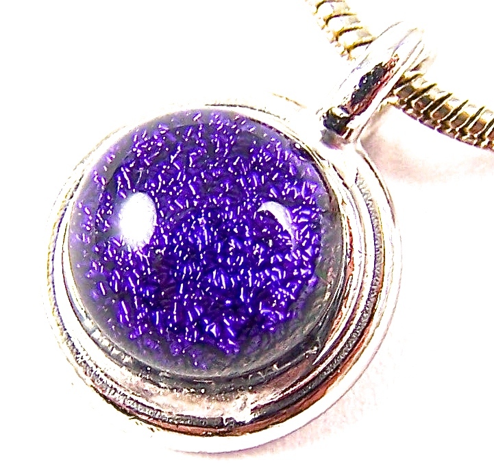 DICHROIC Glass TINY PENDANT Purple Violet Grape Plum Round 1/2″ Silver Plated