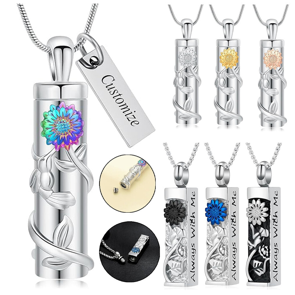 Sunflower Urn Necklace for Ashes Cylinder Ashes Pendant Flower Cremation Jewelry