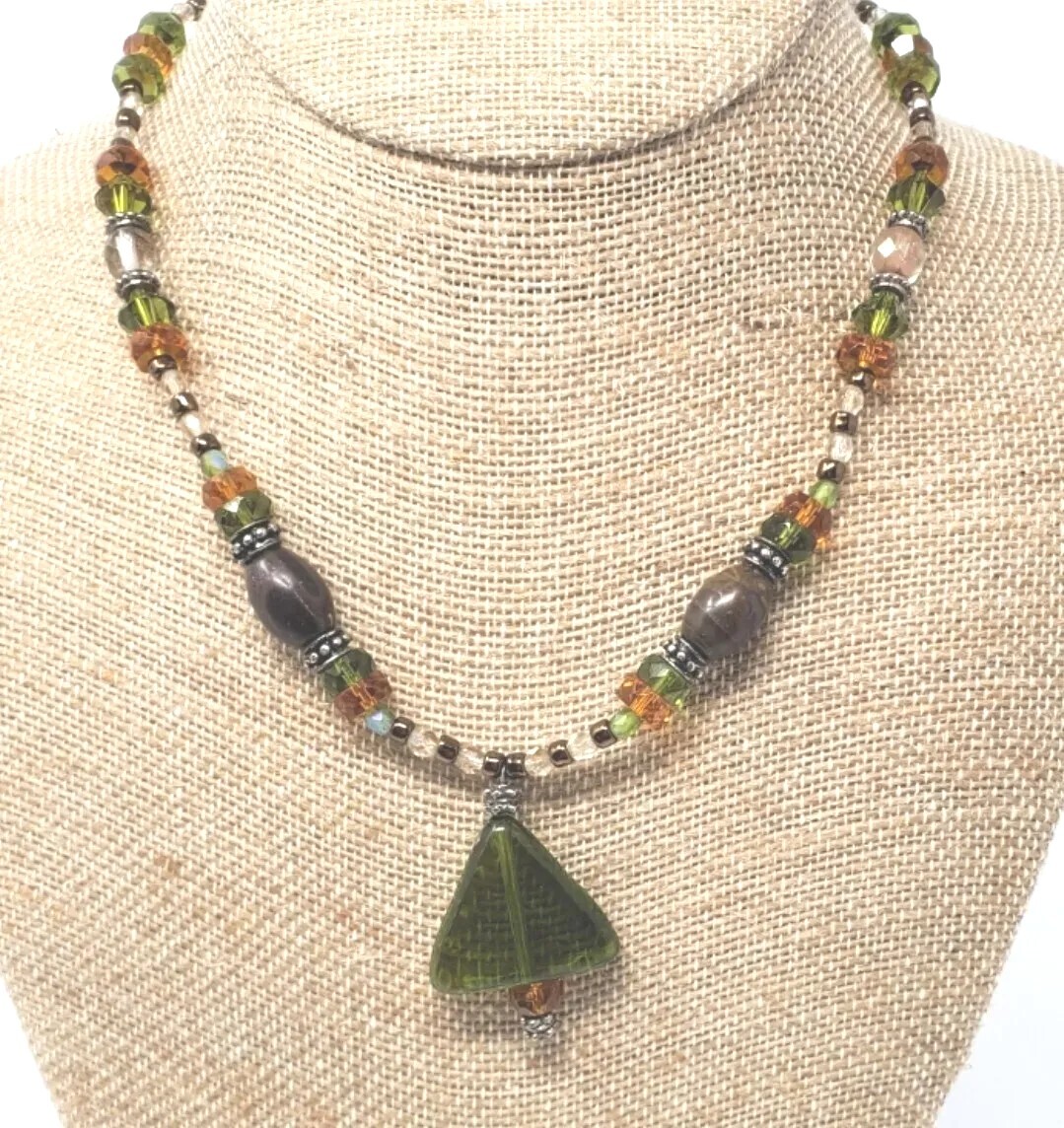 Green and Orange Art Glass Crystal Bead Necklace Handcrafted Choker Necklace