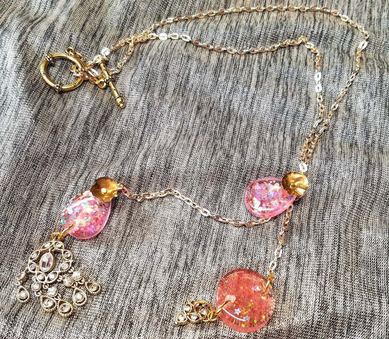 Resin Necklace Pink Glitter Rhinestone Gold Graduated Necklace Super Long