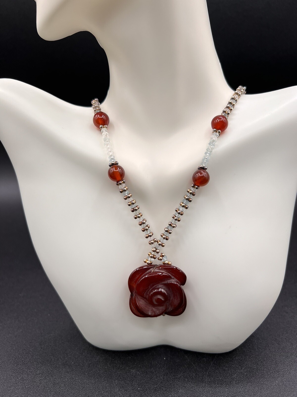 Artisan Made Carved Carnelian Rose, Faceted Crystal Necklace, Ela Ela Jewelry