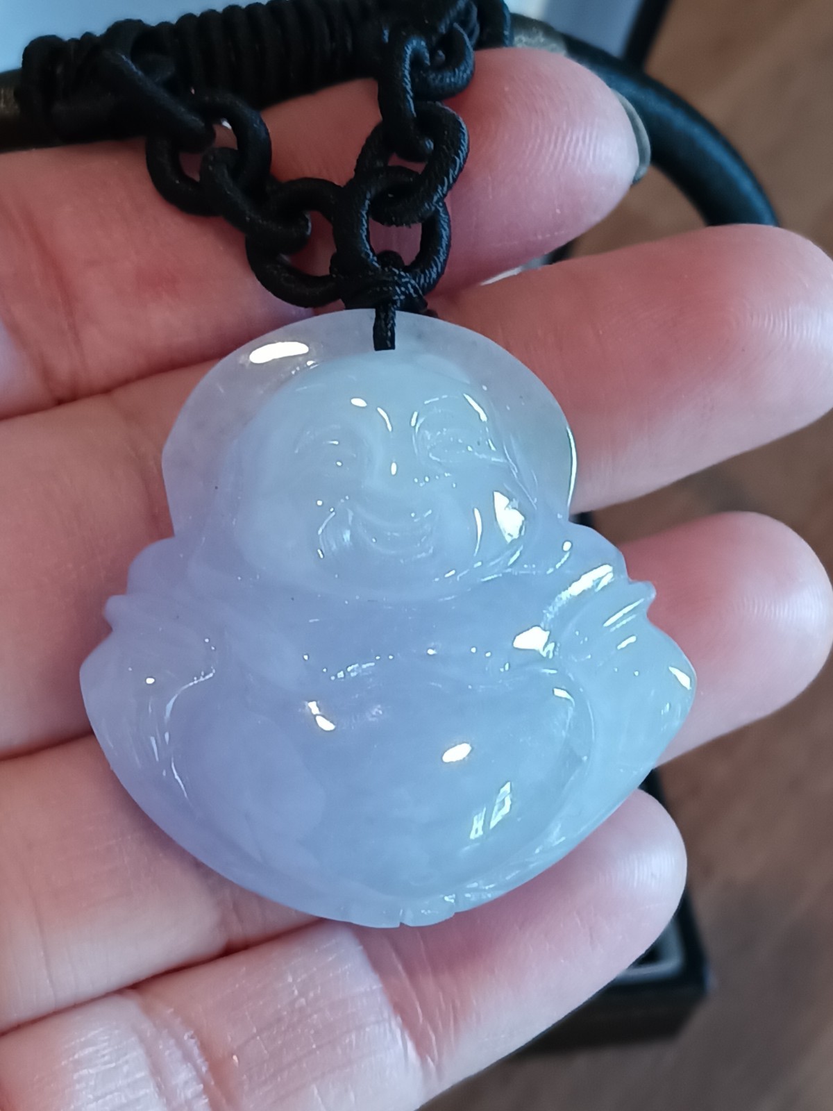Carved Icy Lavender Jade Buddha Pendant On Macrame Necklace