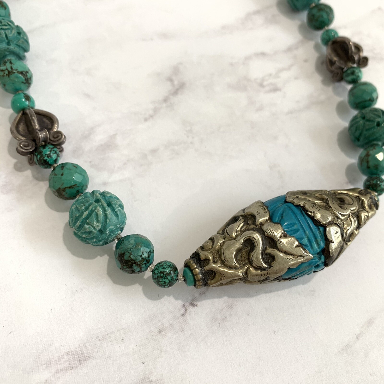 Vintage Necklace Tibetan Sterling Silver Carved Turquoise Beads Rare Unique