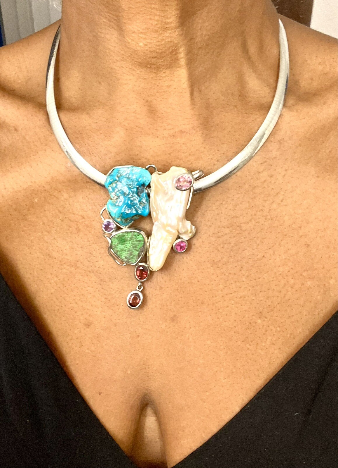 A Turquoise, Mexican pearl Uvarovite Garnet, Pink Tourmaline, Amethyst Pendant