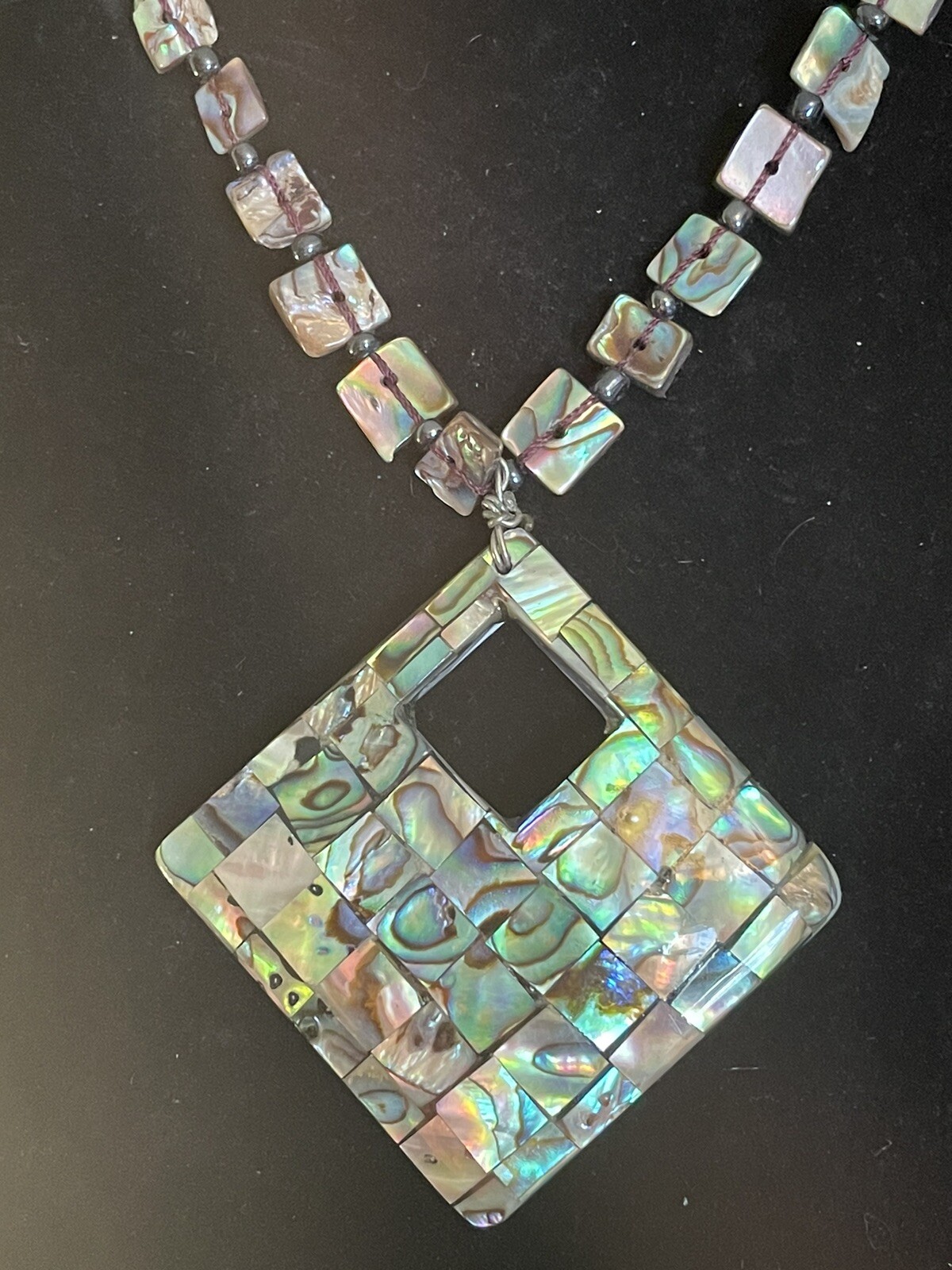 Artisan Handcrafted Silver tone Abalone Shell Geometric Necklace.