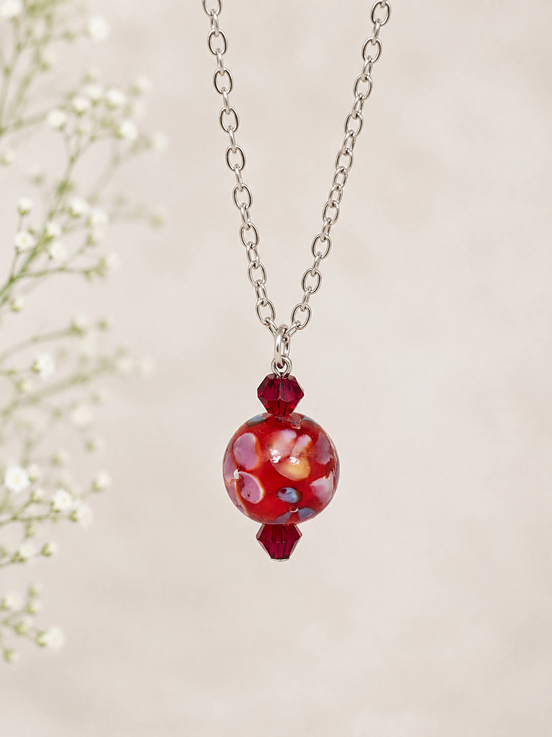 Red Floral Lampwork Glass Bead Necklace