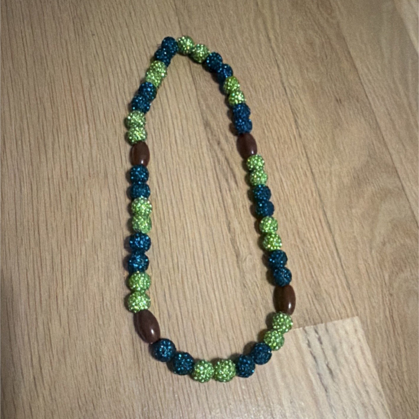 Handcrafted Beaded Necklace Wood Blue Green Brown Unisex Adults