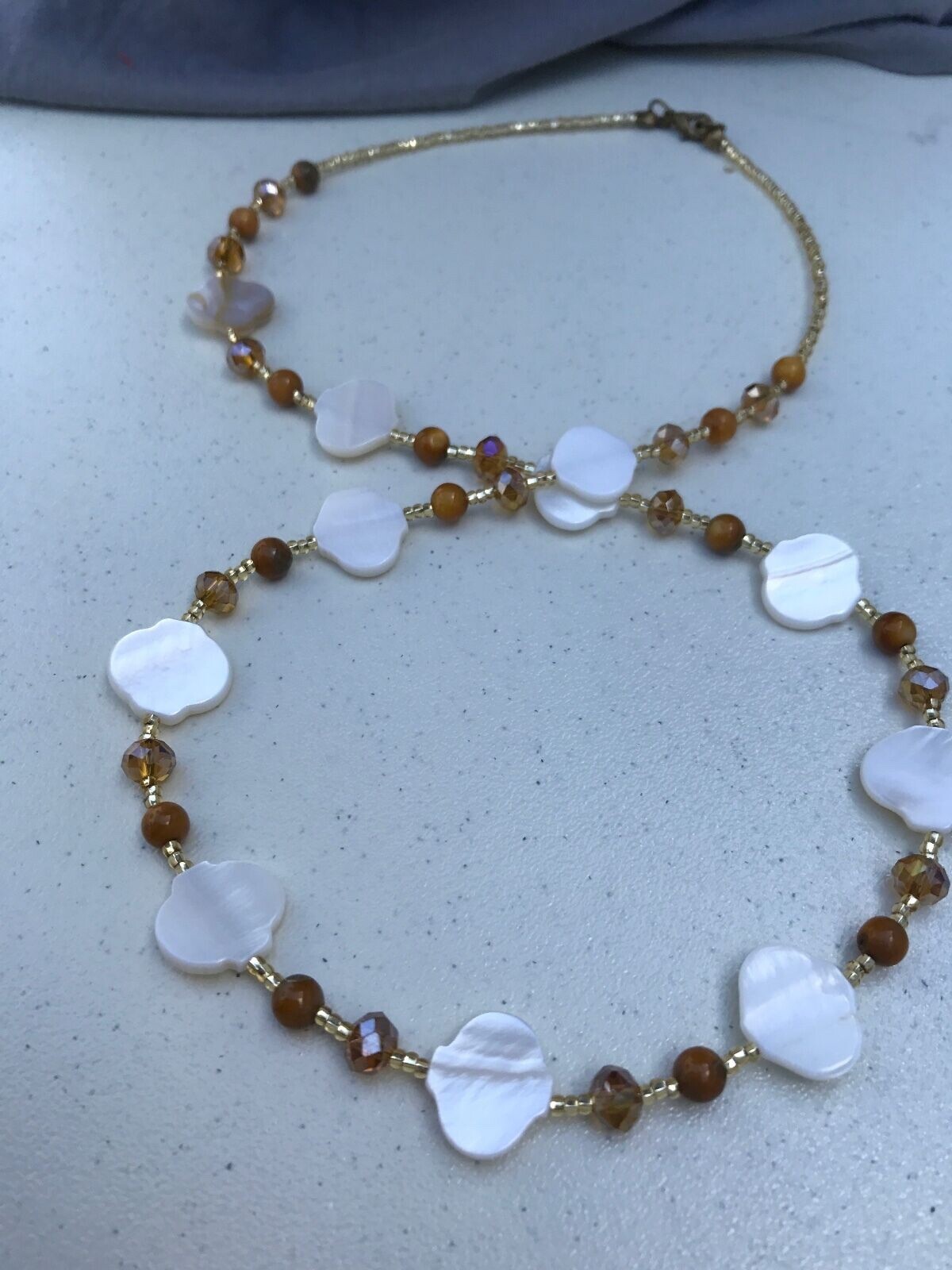 Necklace White and Brown Mother of Pearl Shell and Champagne Yellow Glass Beads
