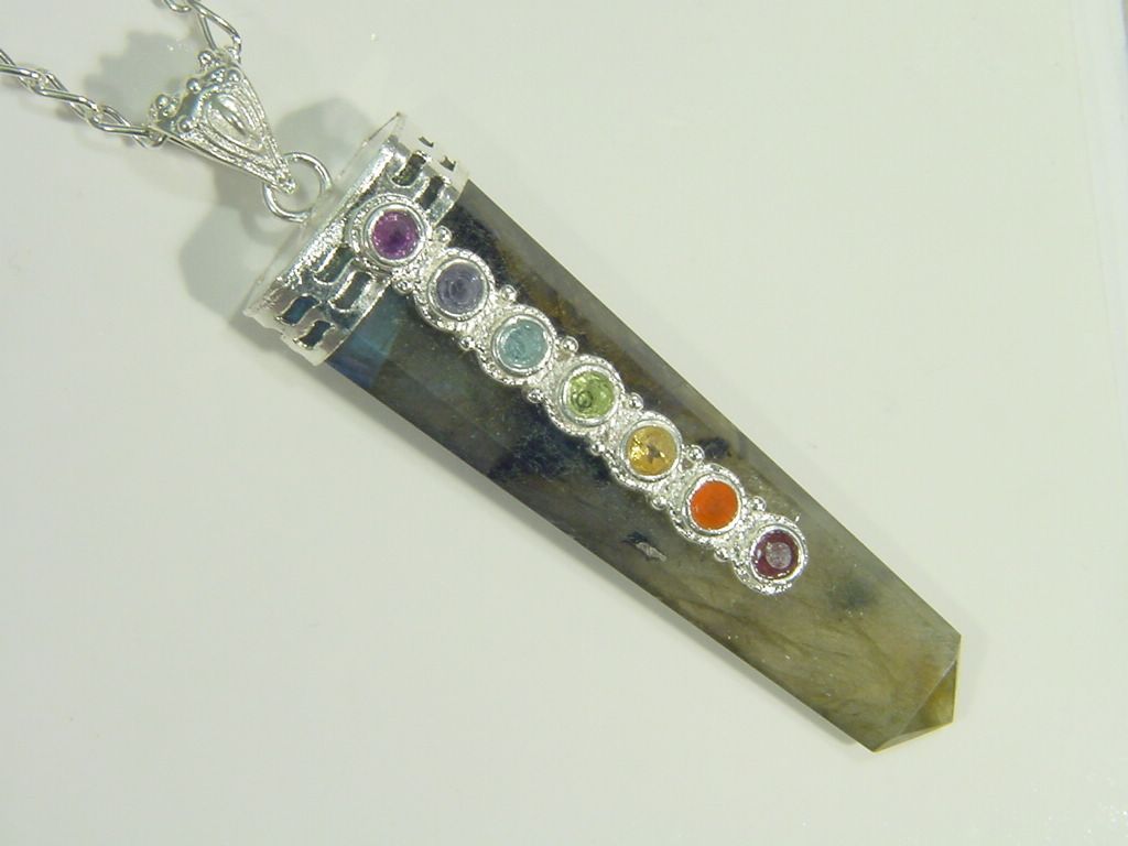 BUTW Labradorite Crystal Point 16mm X 65mm Pendant w/ 7 Accent Chakra Gems 2930D