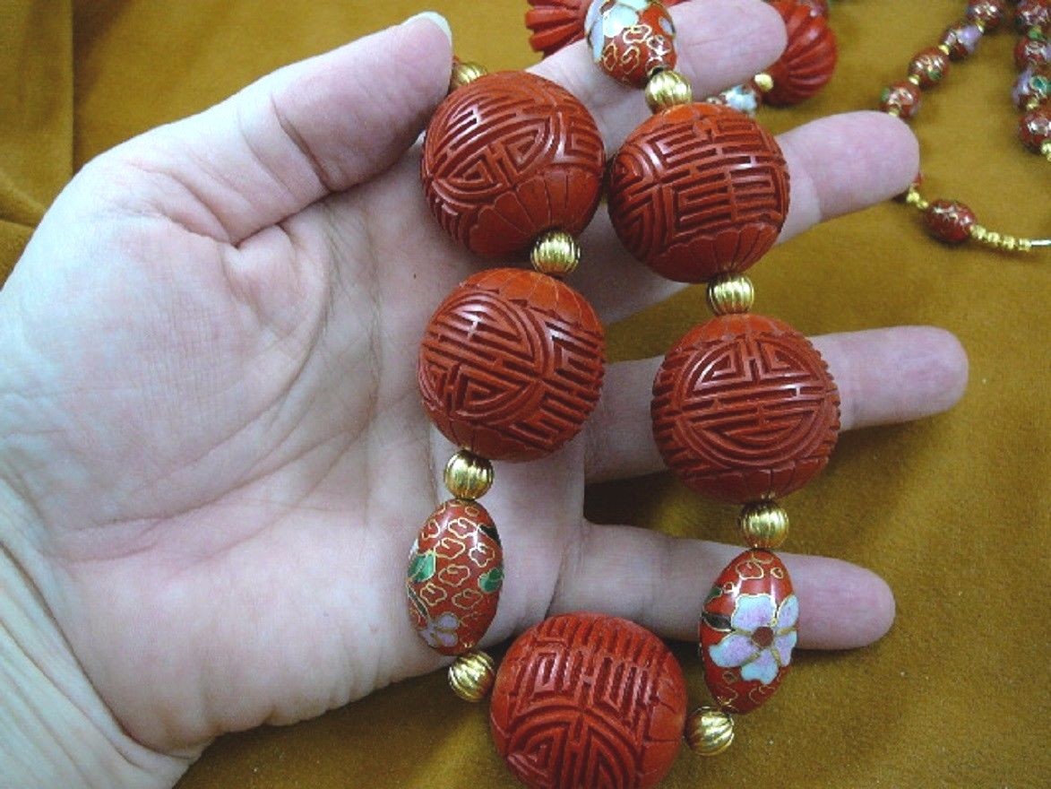(V-279) big Red Cinnabar Cloisonne bead gold 36″ Necklace + 4 pairs earrings set