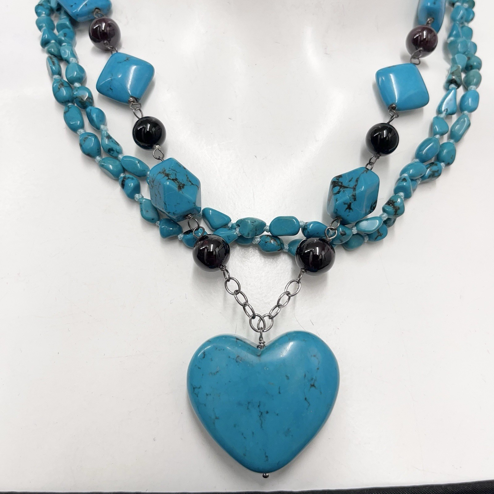 LUC Lucas Lameth Sterling Turquoise Onyx Triple Strand Heart Necklace 19″ Long