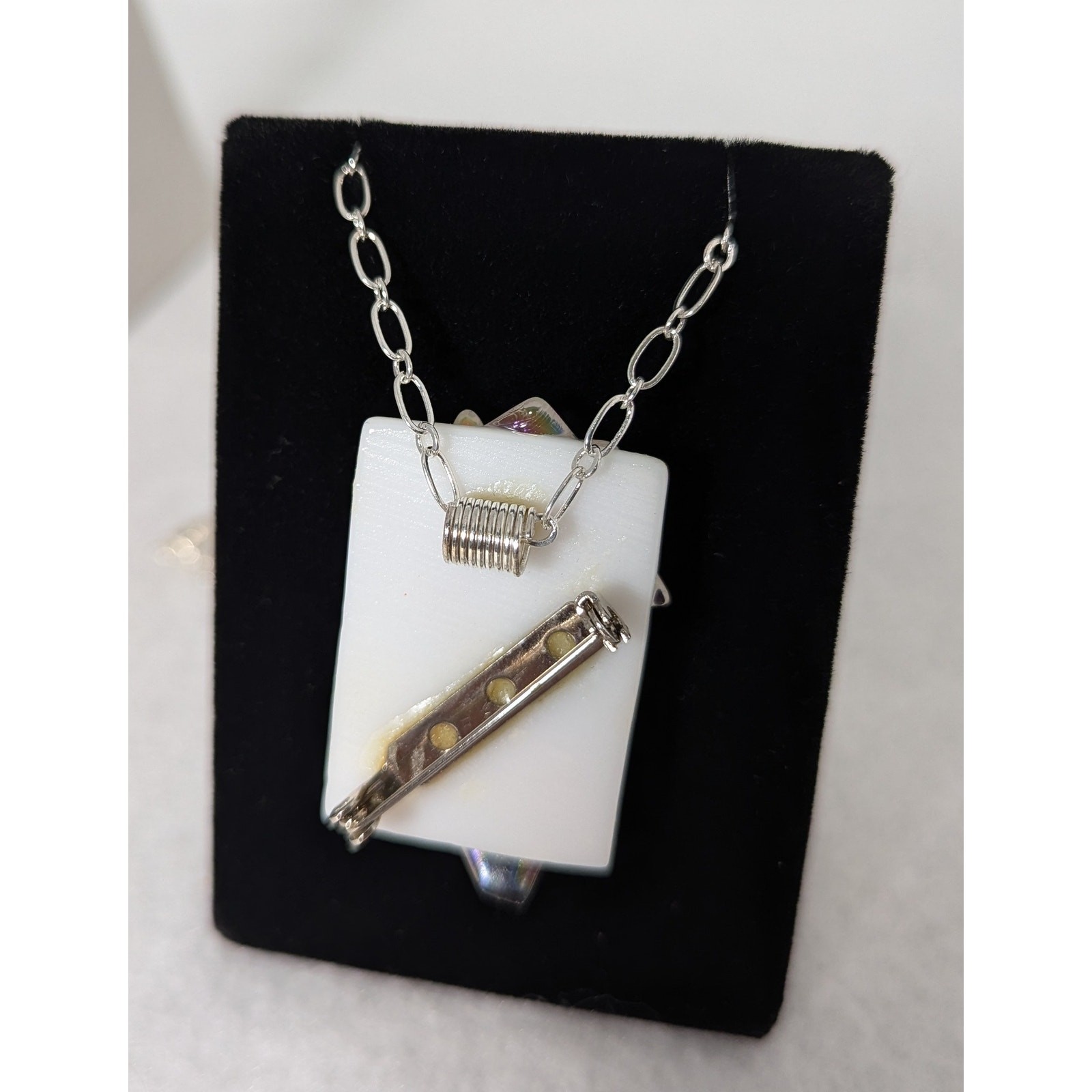 White fused + iridescent glass aurora Pin/Pendant SP 20″ chain 11/4″ x 1 3/4″