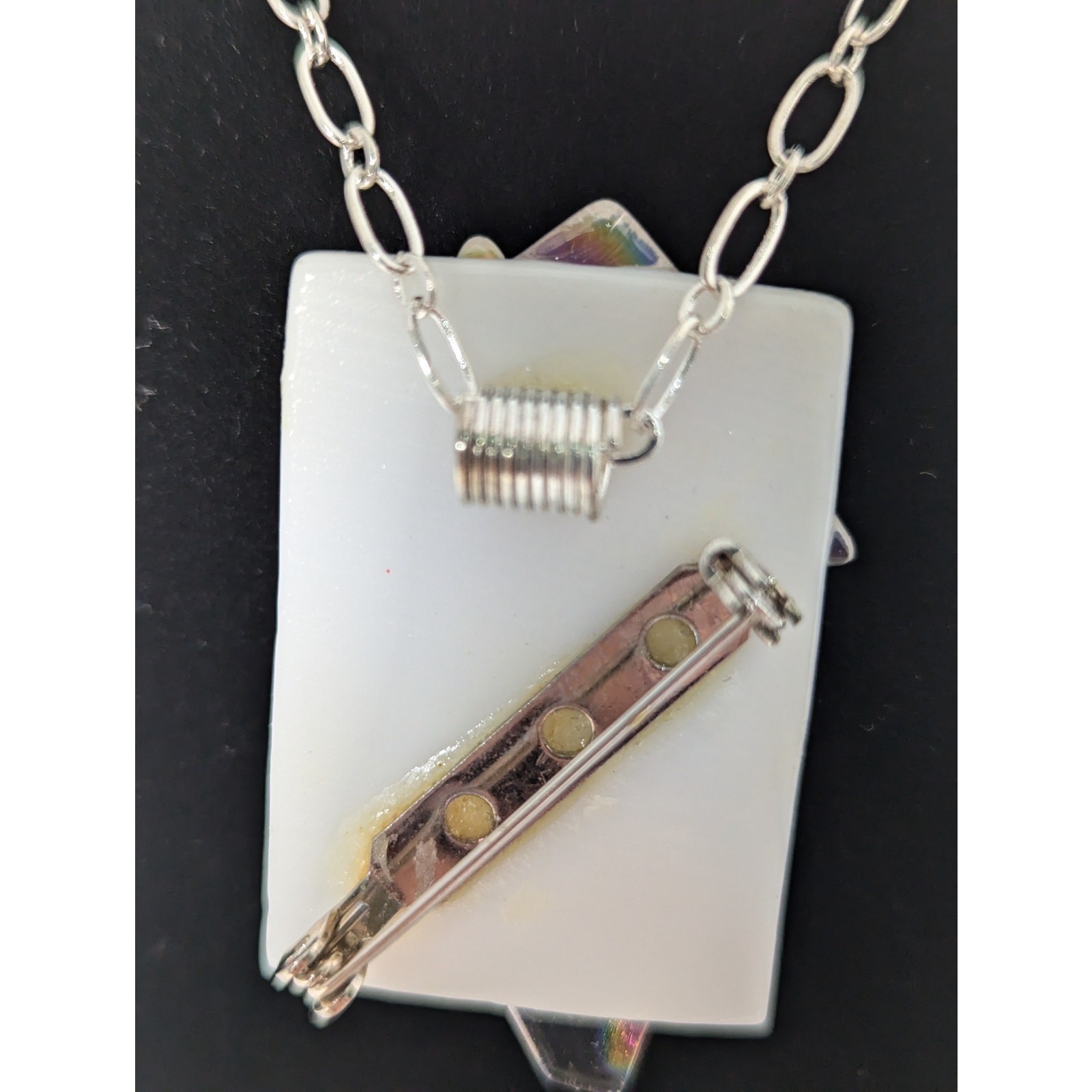 White fused + iridescent glass aurora Pin/Pendant SP 20″ chain 11/4″ x 1 3/4″