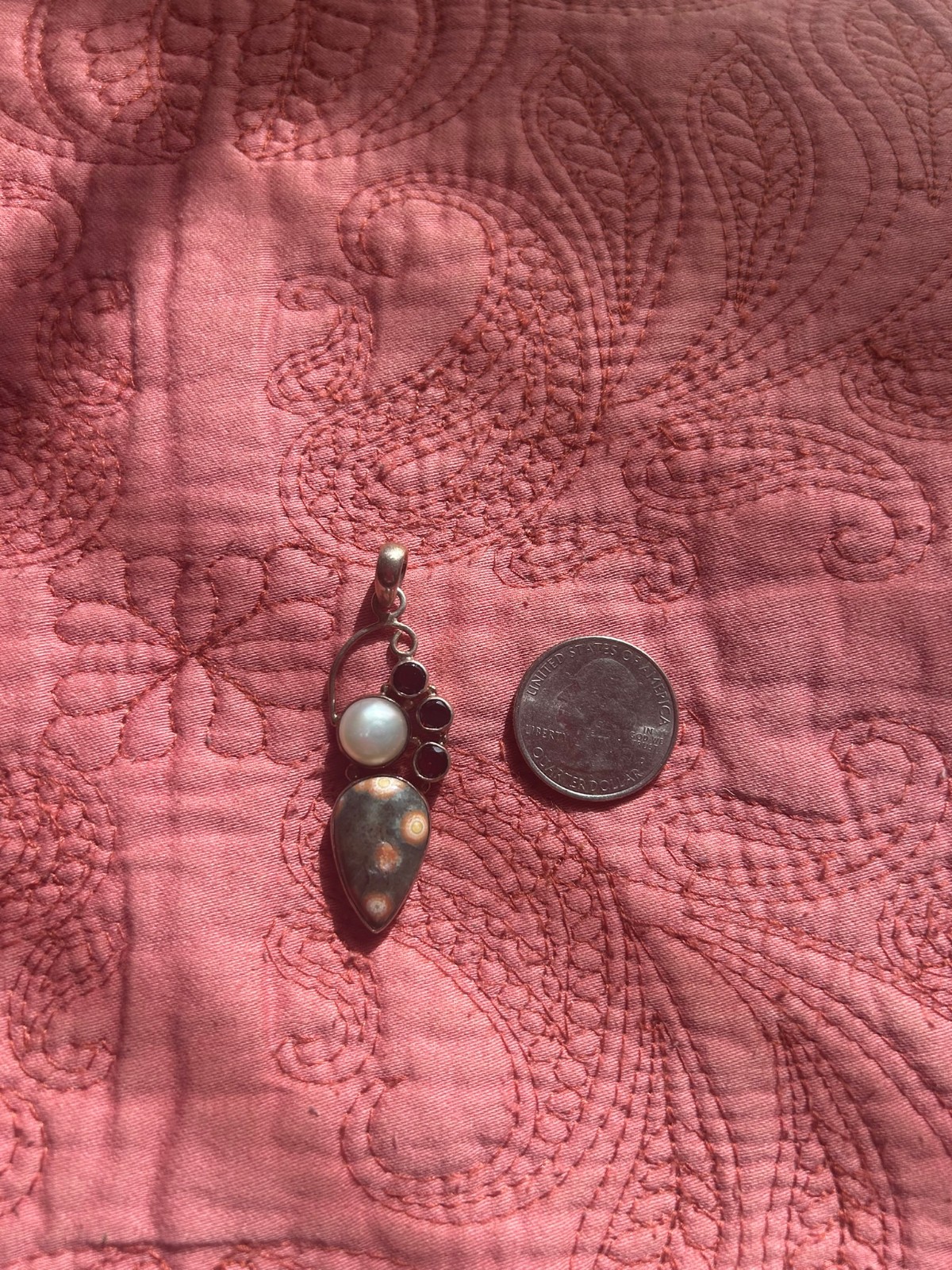 Sterling Silver Ocean Jasper Red Garnet and Mabe Pearl Pendant