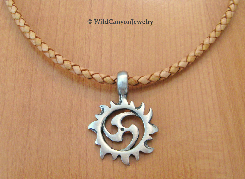 Pewter Sun Spiral Pendant Natural Braided Leather Necklace
