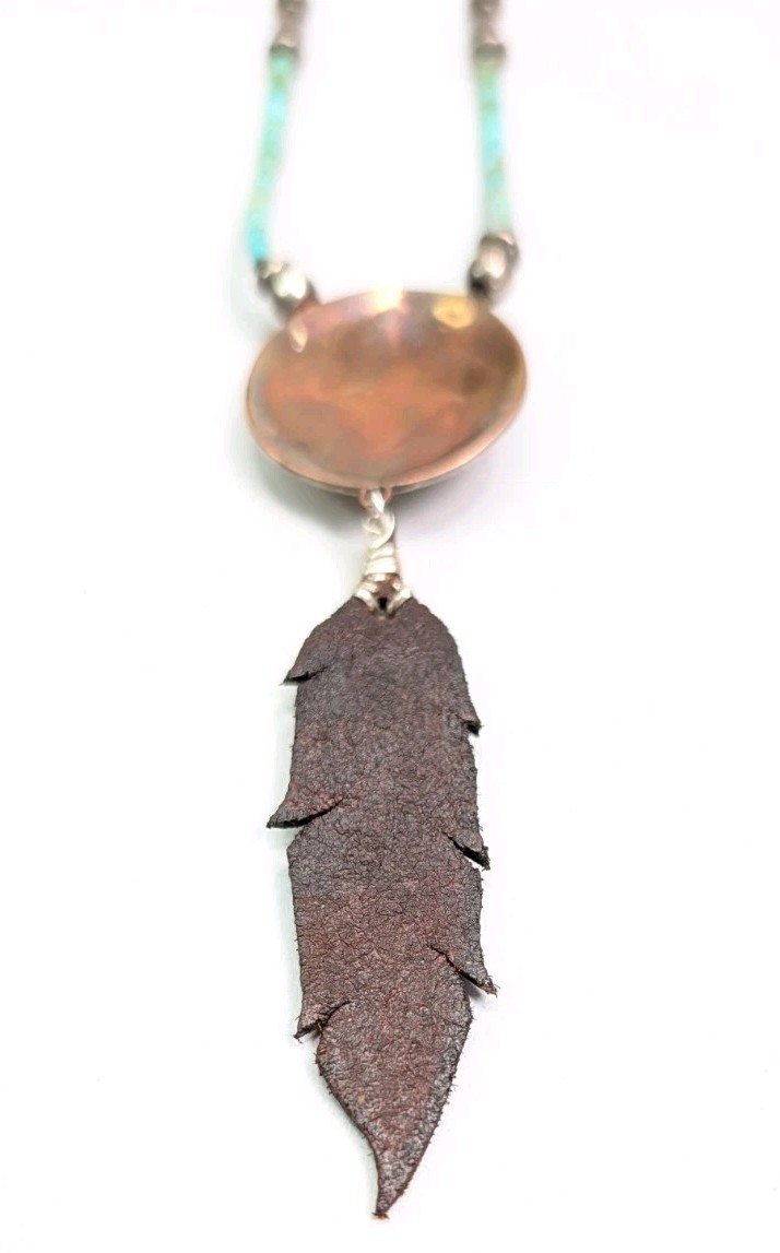 Vintage Jean Duffy Turquoise Necklace Sterling Silver Altered Leather Feather