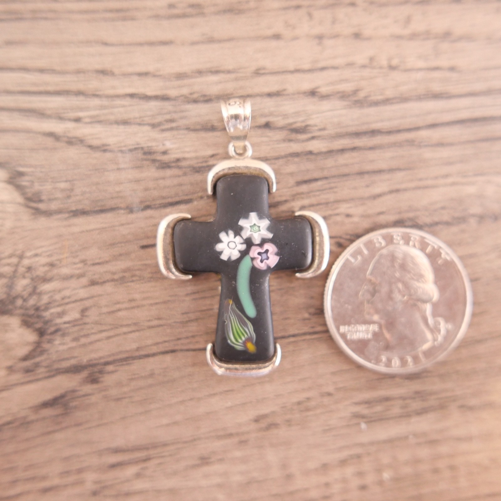 Vtg Sterling Silver Alan K. Millefiori Glass Mosaic Black White Cross Pendant !!