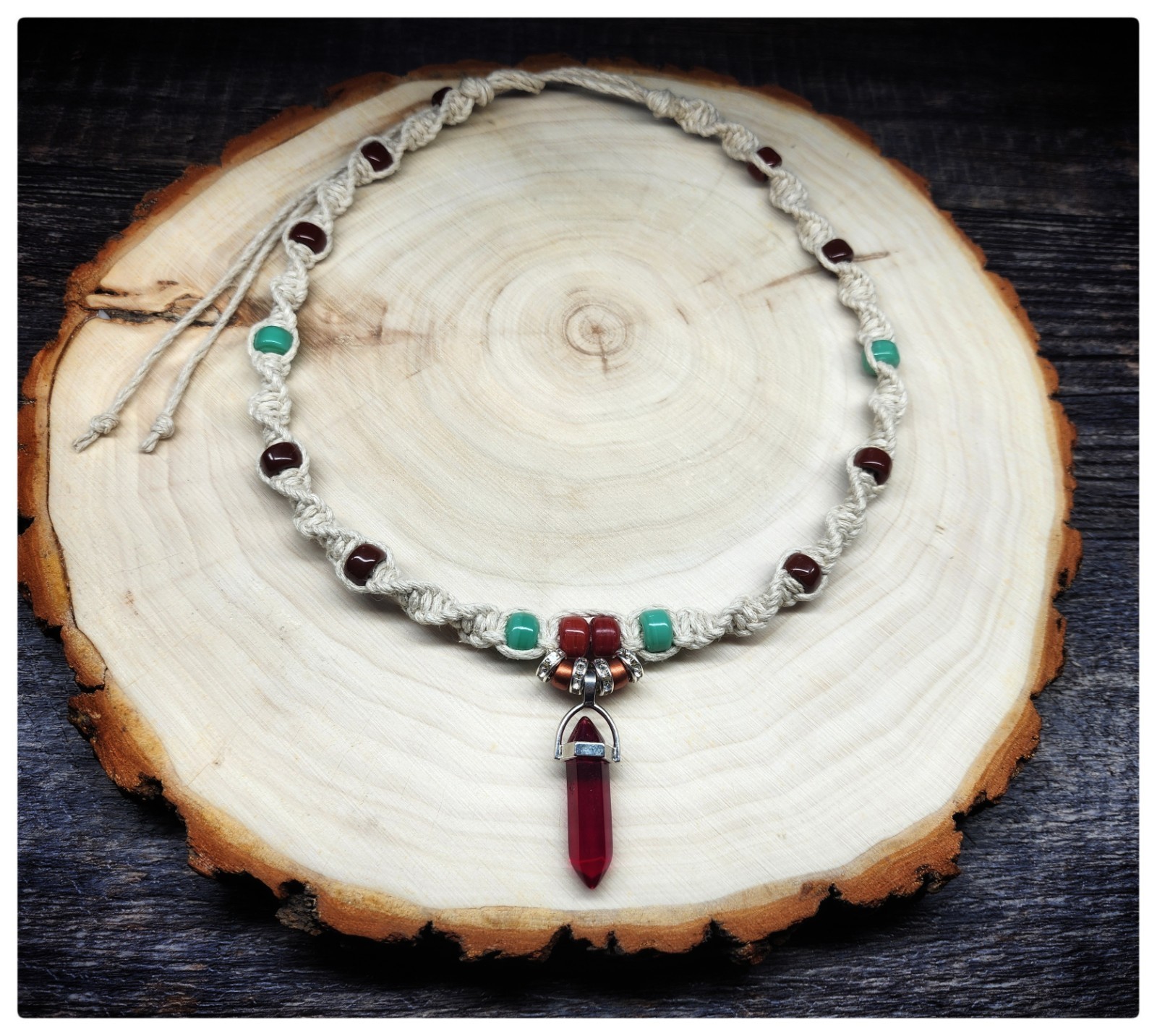 Handmade Adjustable Hemp Necklace / Choker with Crystal Pendant and Glass Beads