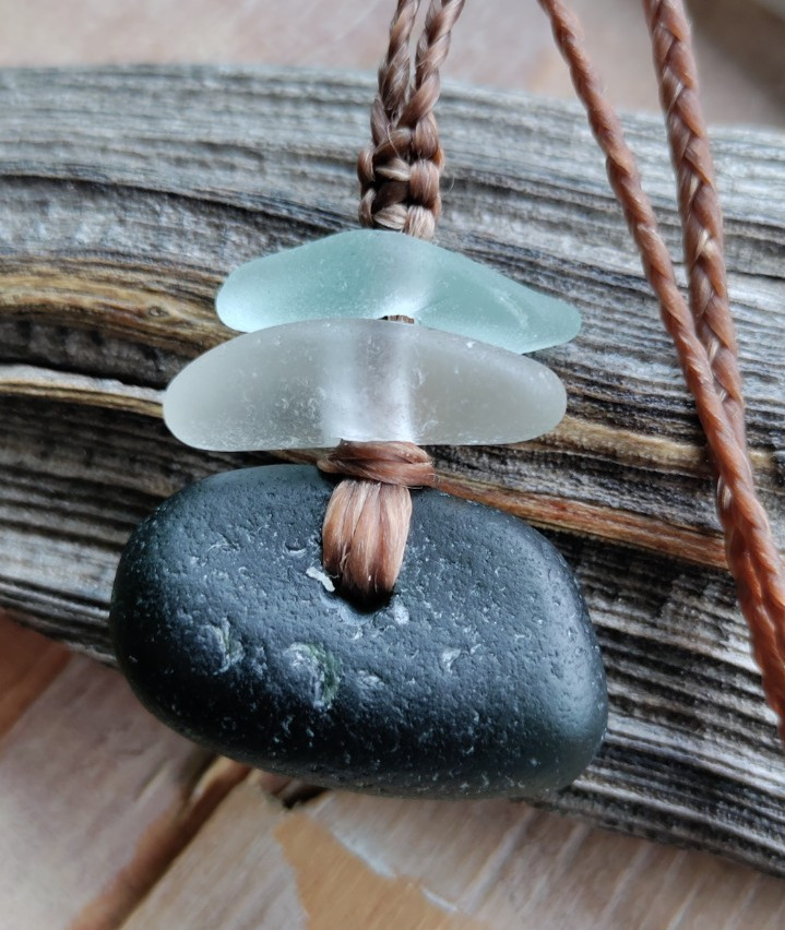 Rare Black Pirate Sea Glass Necklace Gift Men Women Braid Hawaii Artisan Braid