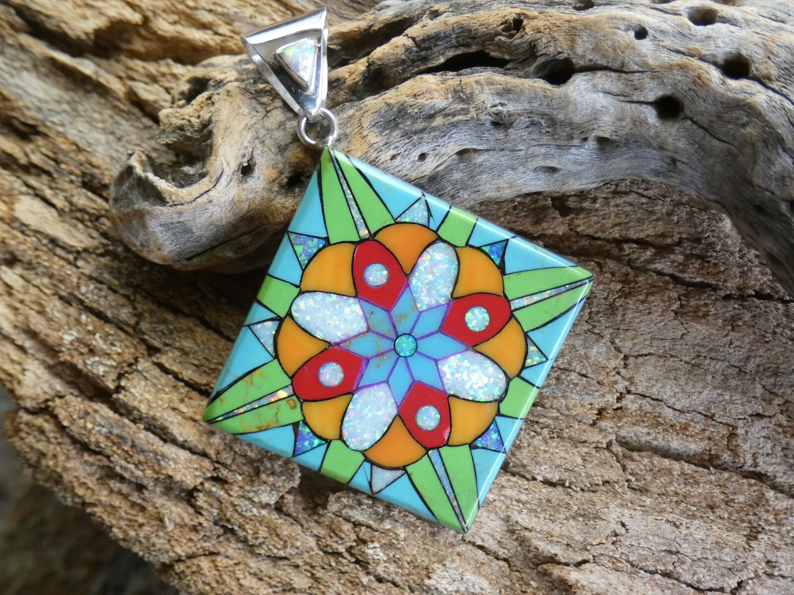 Flower Mosaic Micro Inlay Gemstone Fire Opal Sterling Silver 925 Pendant NEW AG9