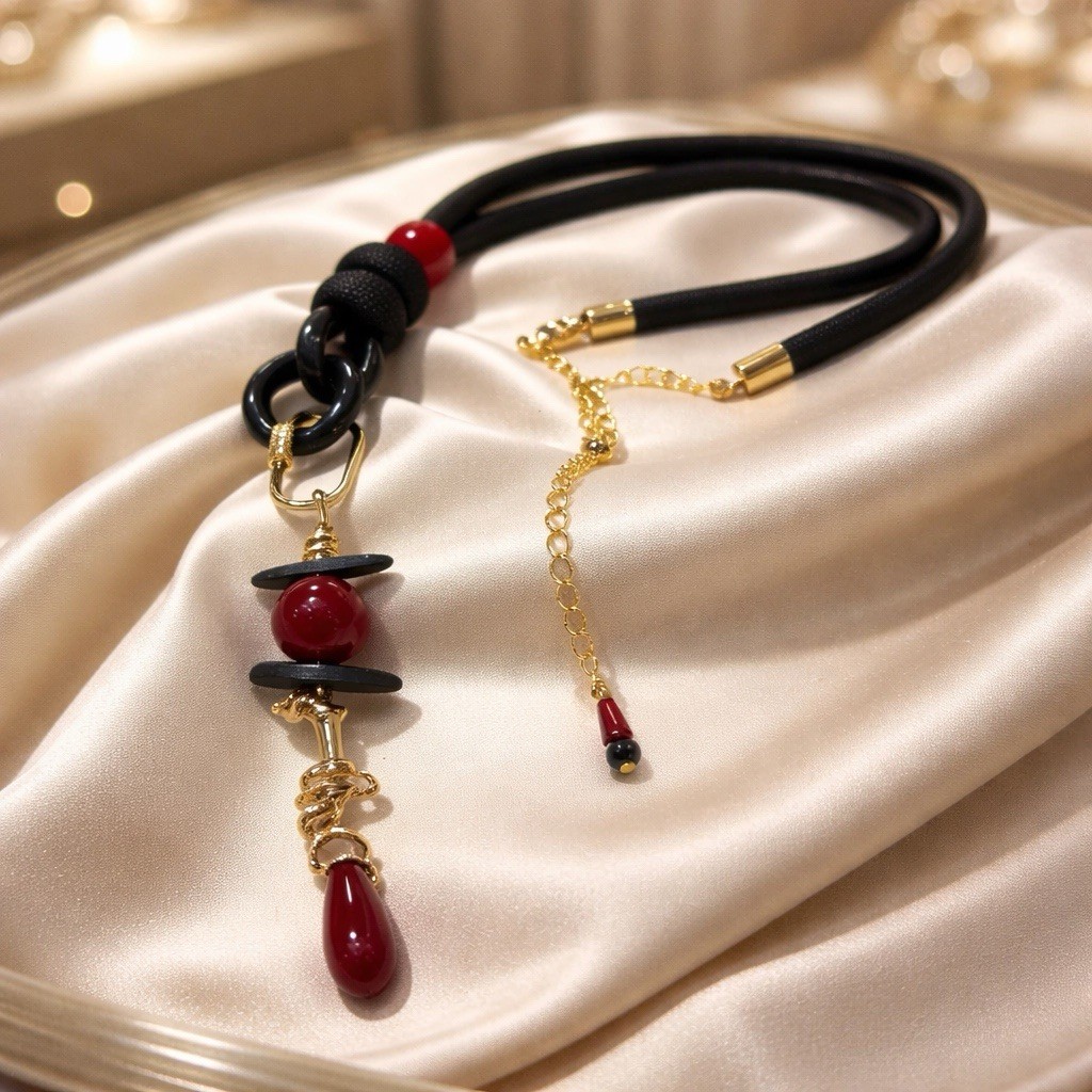 Necklace Handmade long pendant Black Cord, Red Beads Gold Accents Adjustable