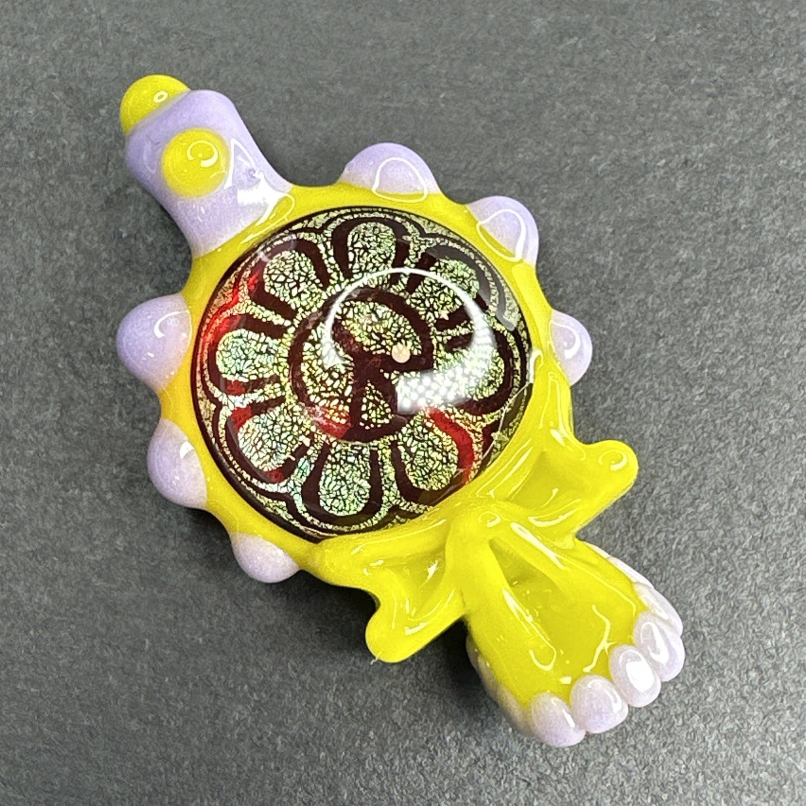 Handmade Art Glass Stealie Skull Pendant Dichroic Peace Sign Flower Green Purple