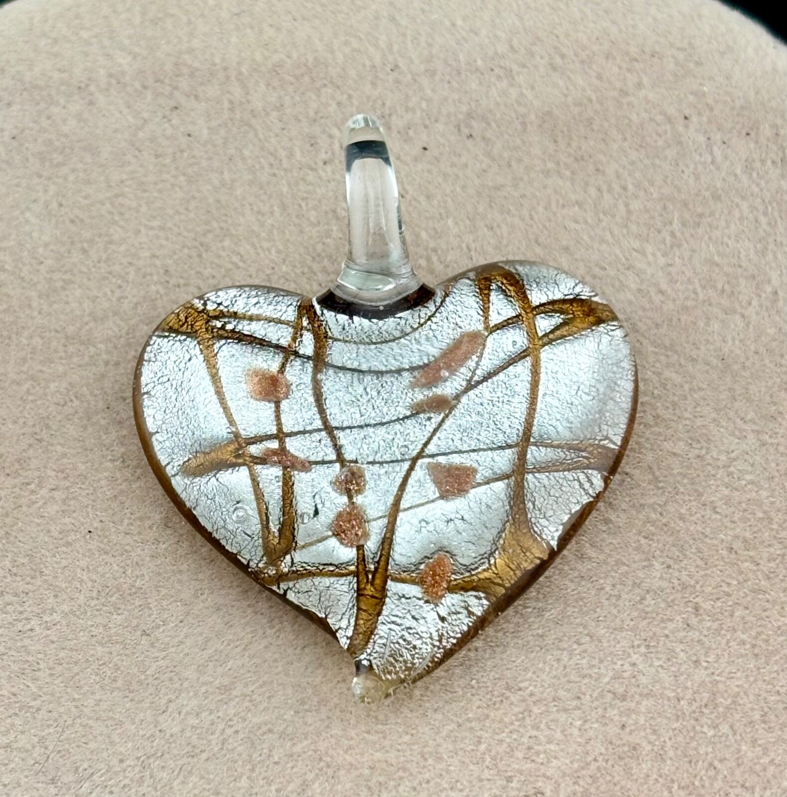 Silver Copper Dichroic Art Glass Heart Pendant 1 1/2 x 1 3/4″