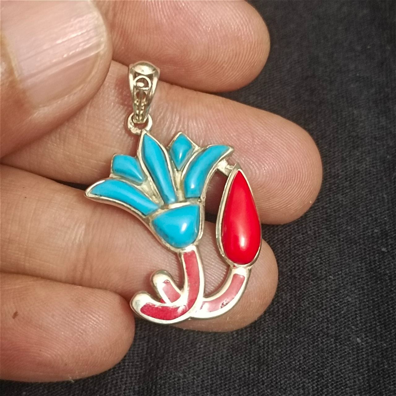 Handmade 925 Silver Lotus Flower Pendant Egyptian Jewelry with Turquoise & Coral