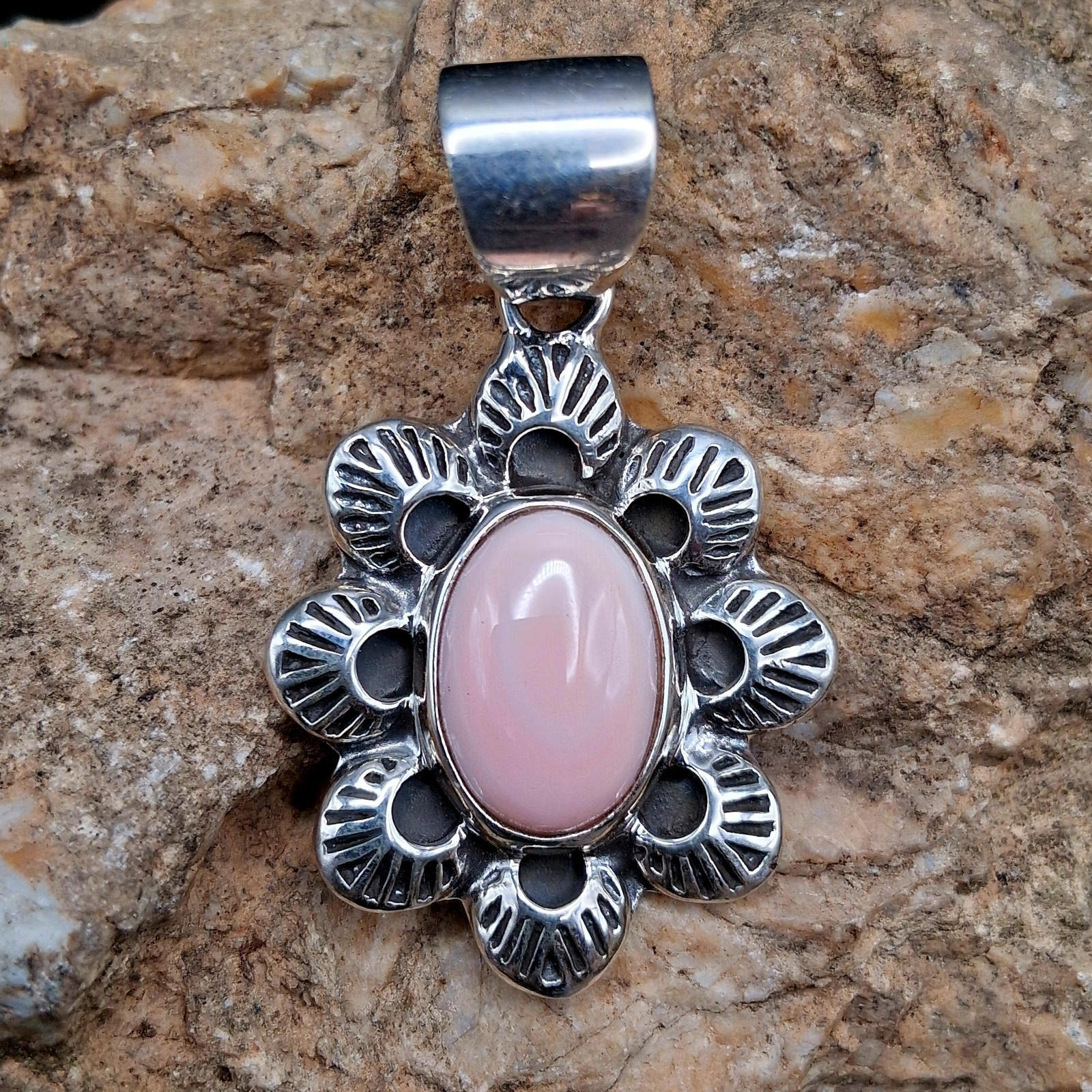 Pink Conch Pendant Sterling Silver Flower Concho Southwestern Native Style
