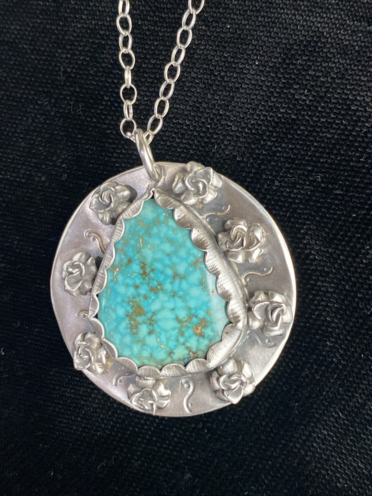 Turquoise Pendant Gemstone 925 Sterling Silver Roses 18″ Necklace Handmade