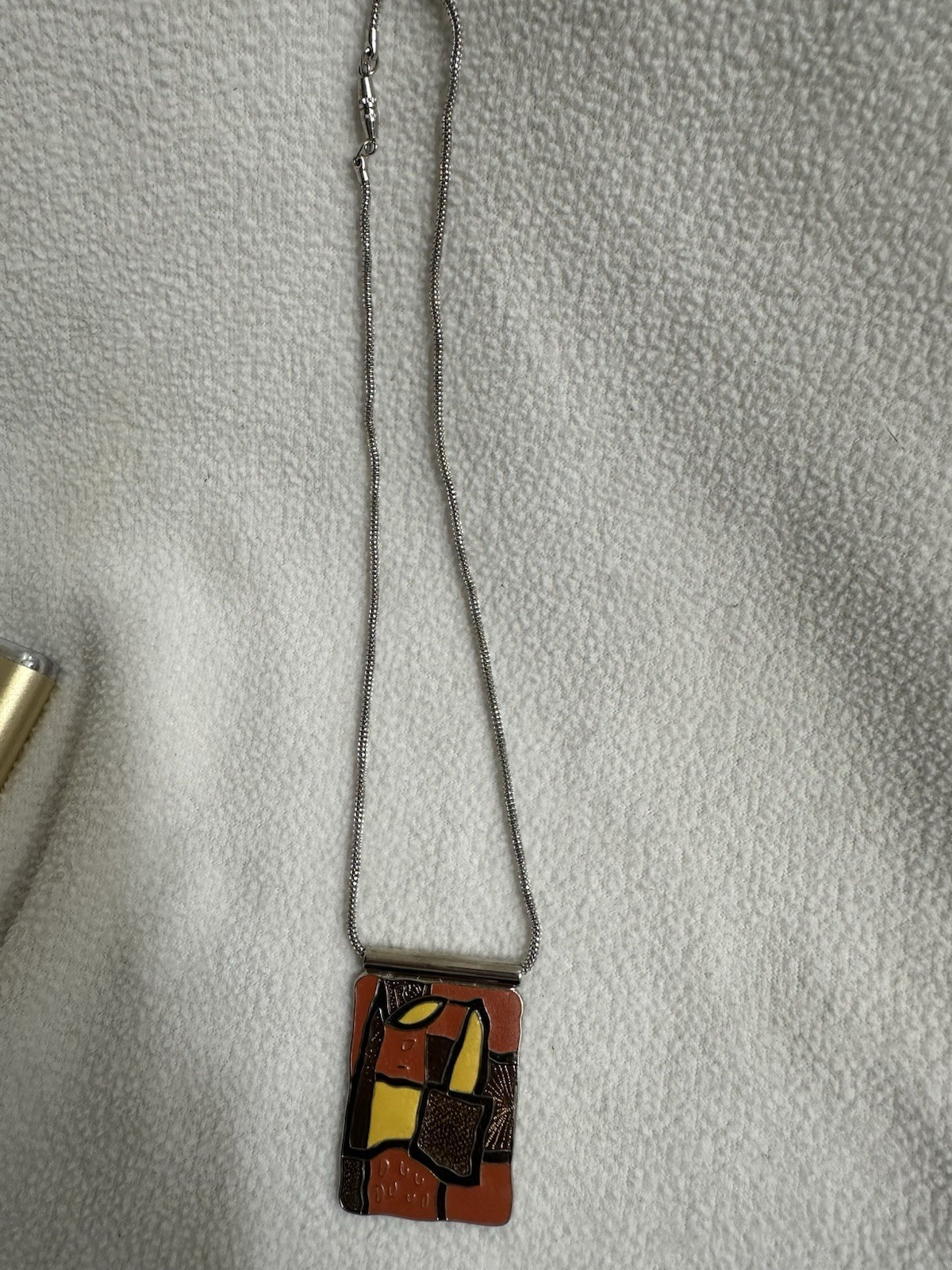 Handcrafted Geometric Mosaic Pendant Necklace Orange Yellow Black Metal