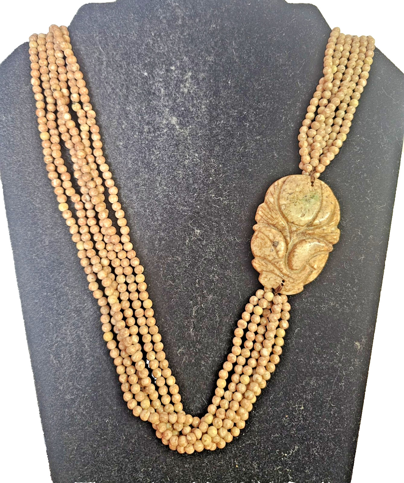 Jasper Brown Beads 6 strands Necklace w/ Pendant Carved Fruit?-35.5in-Heavy-166g