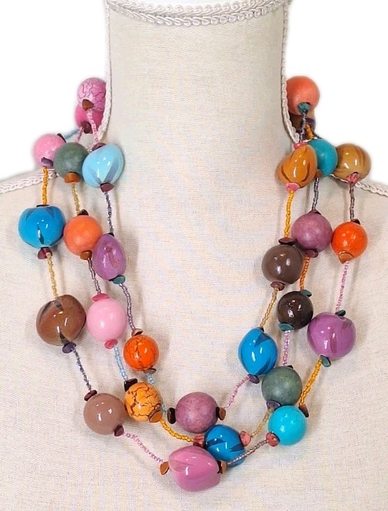 Artisan 3-Strand Painted Kukui Nut Wood Ball Seed Bead Chunky Statement Necklace