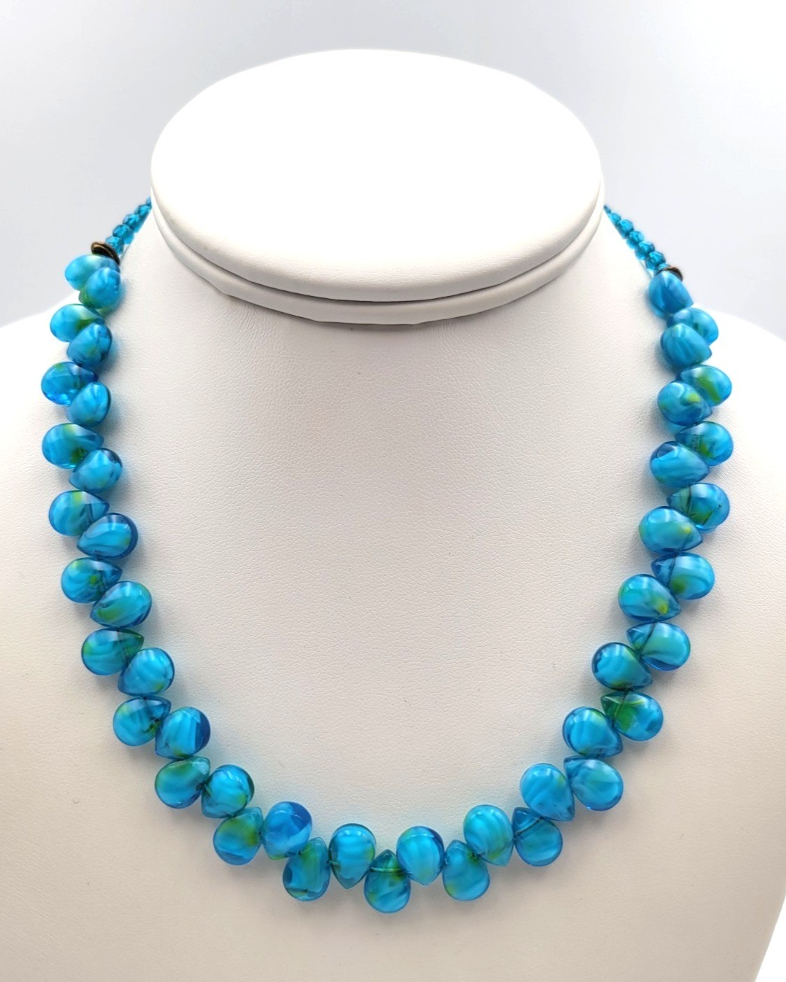 Artisan Art Glass Bead Ocean Blue Green Necklace Teardrops 16″ Island Beach Wear
