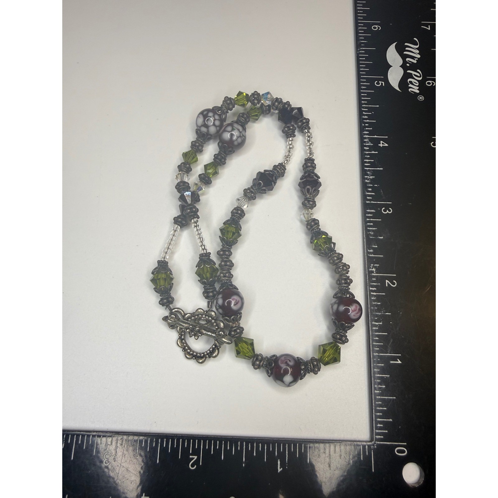 Handmade Lampwork Glass Beaded Necklace Plum Green Silver Tone Toggle Clasp 18″