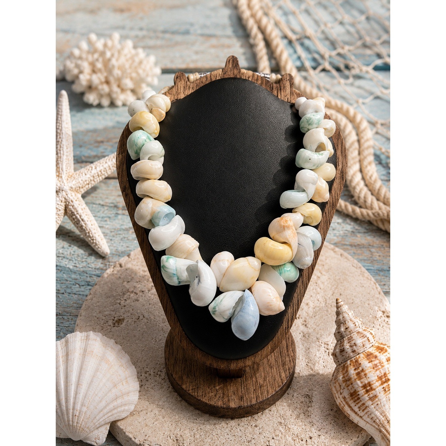 Artisan Natural Shell Necklace Pastel Seashell Statement Necklace Coastal Beach