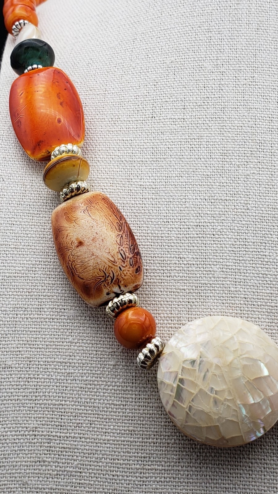 Orange White Mother of Pearl Glass Acrylic Artisan Crafted Beaded Necklace 26 in