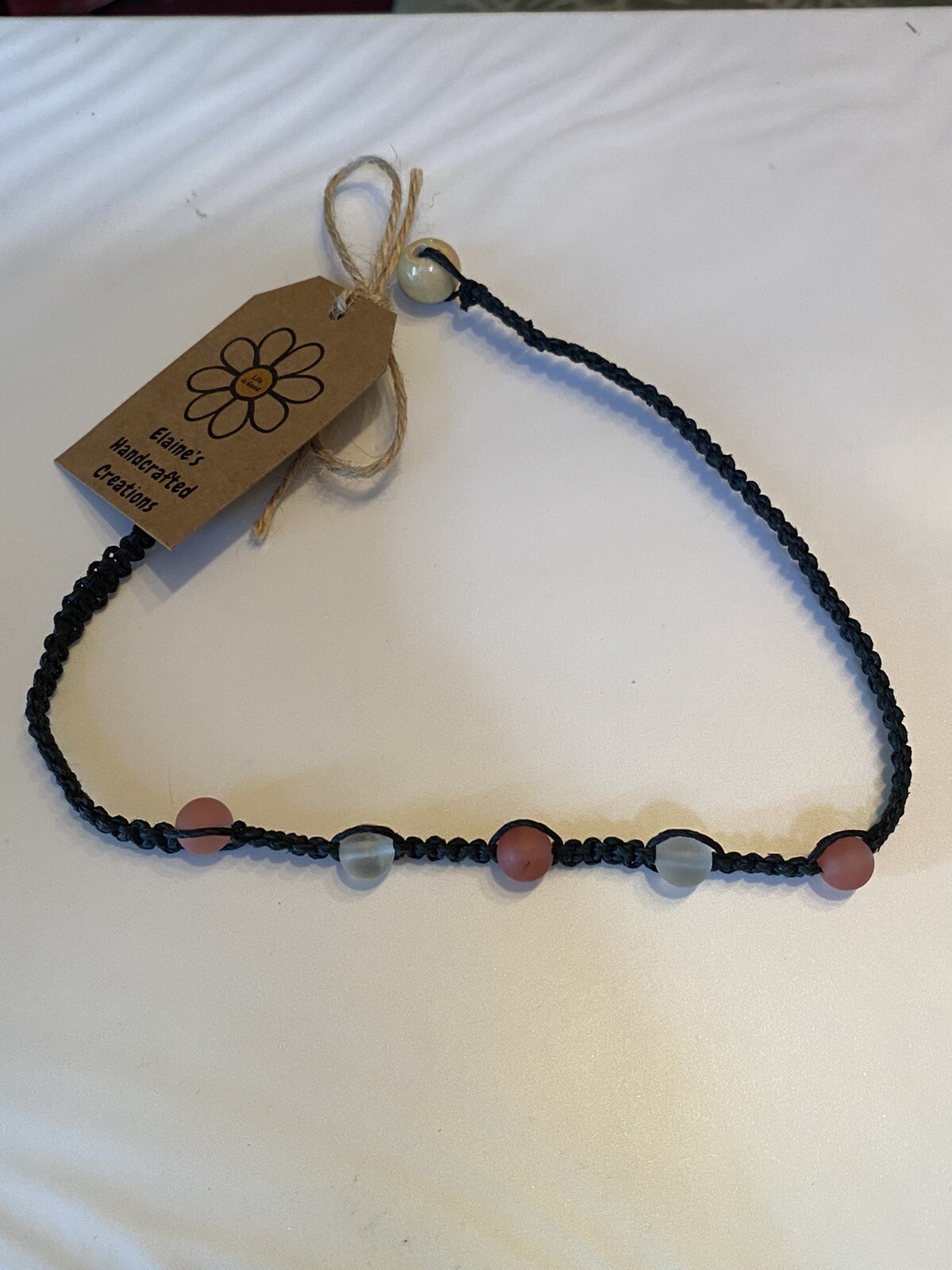 Black Handcrafted Necklace with pink & clear Glass beads.