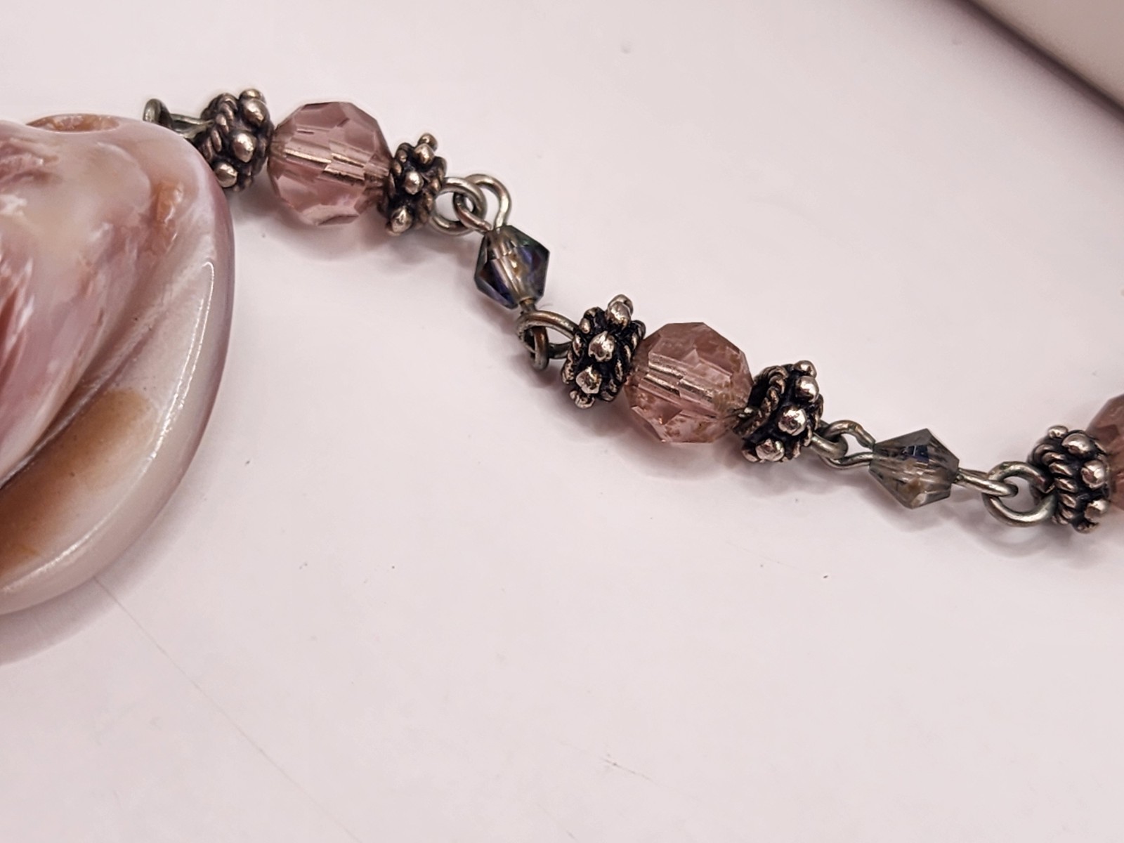 Vintage Artisan Crafted Large MOP Shell With Pink Fauceted Crystal Pendant