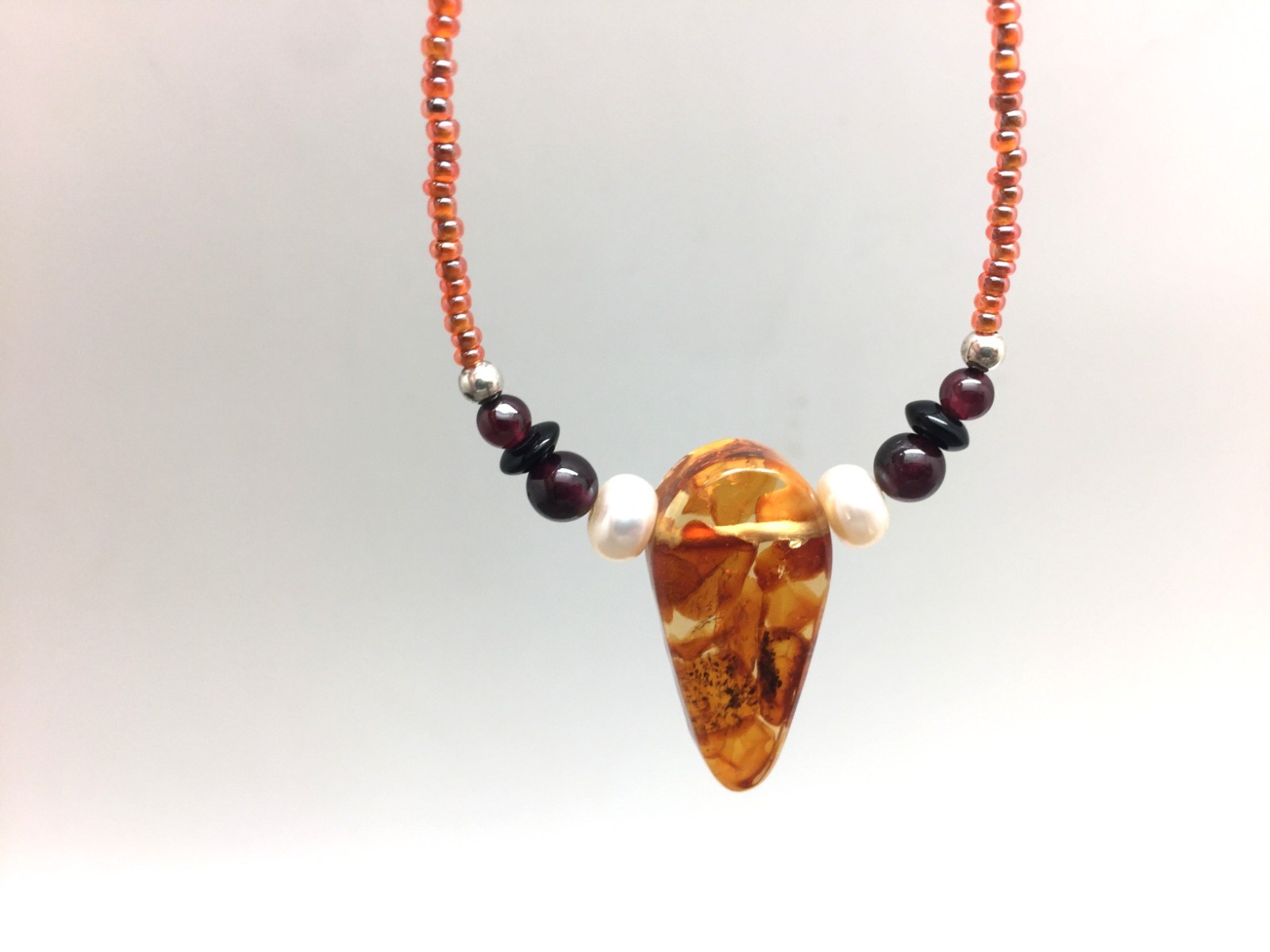 Genuine Amber Pearl Garnet Necklace Red Glass Seed Beads 20″ Sterling Silver