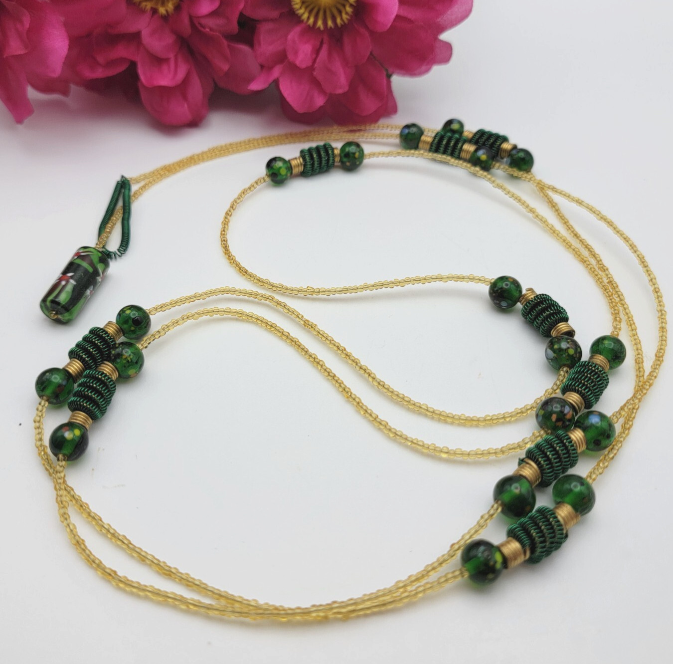 Marigold Seed Bead Green Millefiori And Solid Glass Bead Necklace 64″ Toggle