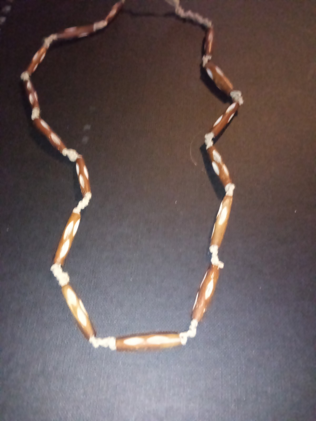 Hemp Necklace With Genuine Buffalo Bone Beads Carved. Reddish Brown